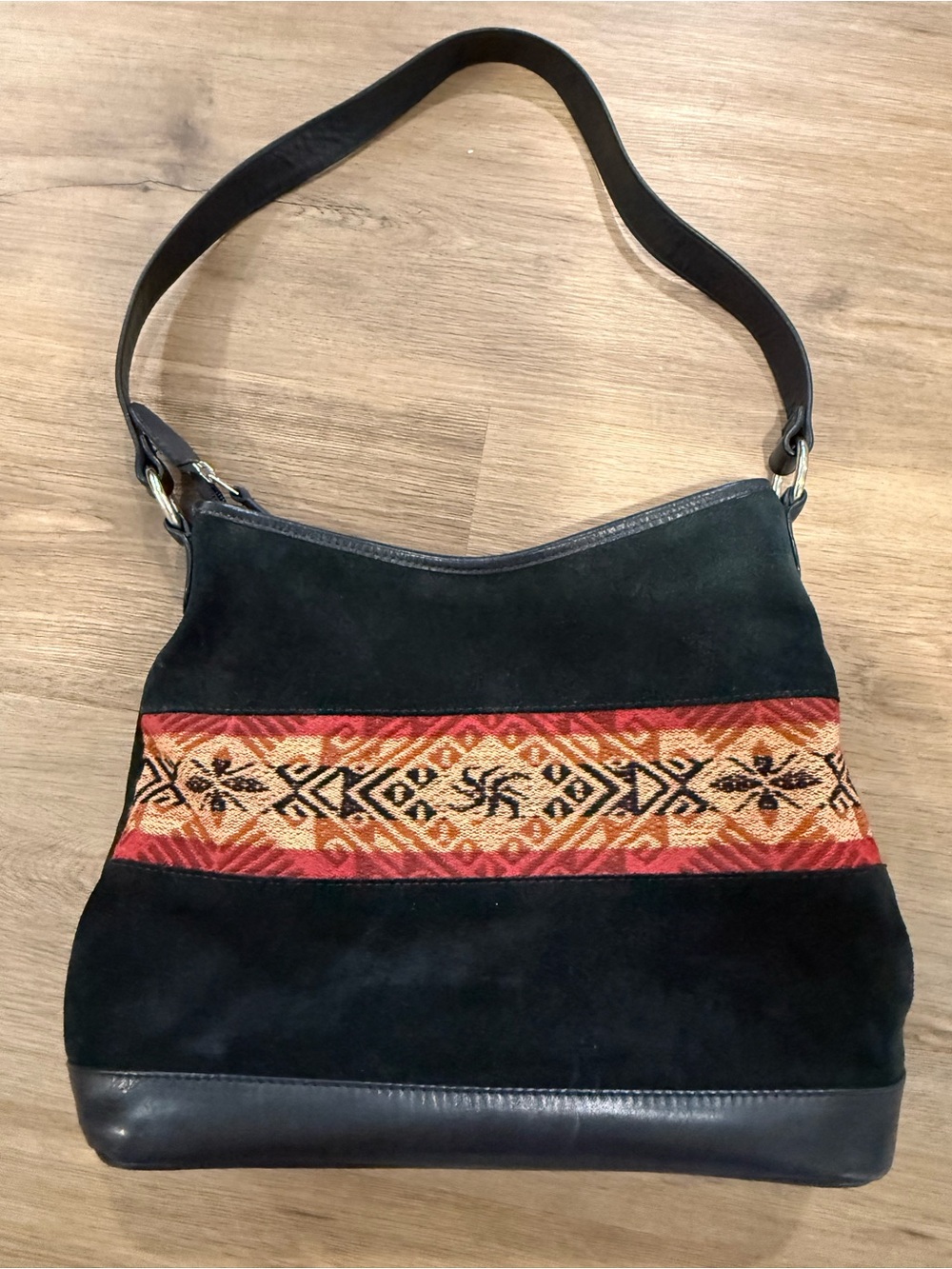 John Cole-Black Suede Shoulder Bag with Red/Orange Geometric Accent